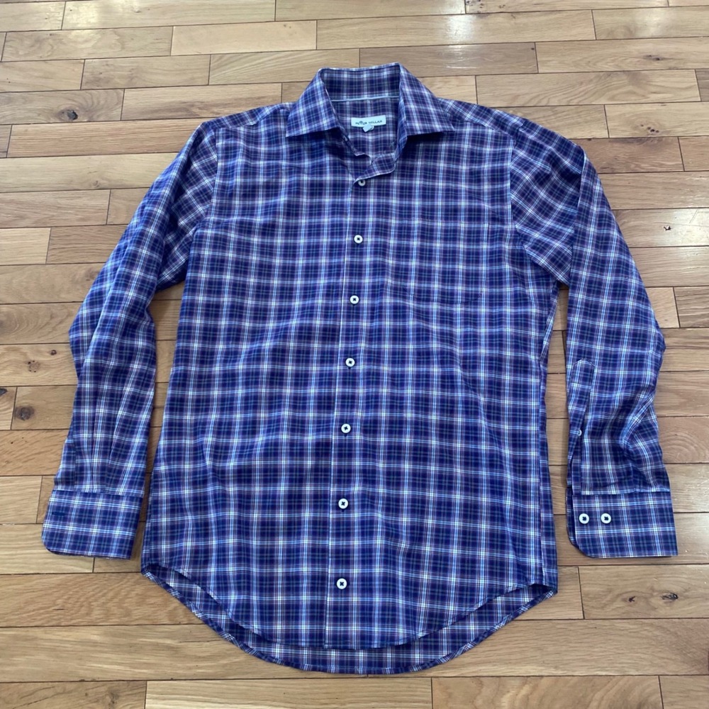Peter Millar Mens Plaid Button Down Shirt Size‎ S Blue White Long Sleeve Casual